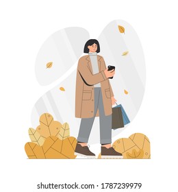 Woman in a coat holds a phone and bags in autumn. Healthy lifestyle and recreation leisure activity. Flat style vector illustration.
