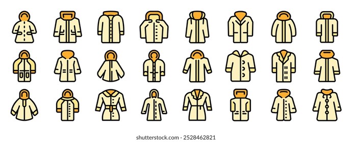 Woman coat icon set. Outline set of woman coat vector icons for web design isolated on white background