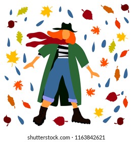 Woman in the coat and scarf autumn leaf vector illustration for postcard site colorful rain female
