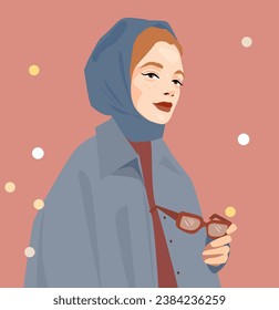 A woman in a coat and scarf and glasses against the backdrop of a winter landscape.
Cozy vector winter illustration. Suitable for New Year and Christmas cards. Woman in fashionable warm