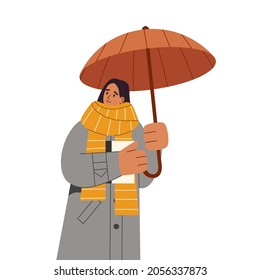 Woman in coat and scarf under open umbrella, protecting her from autumn rain. Person in warm clothes holding umbrela in rainy weather in fall. Flat vector illustration isolated on white background