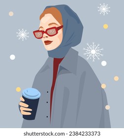 A woman in a coat and scarf walks in the snow in winter and drinks coffee. Cozy vector winter illustration. Suitable for New Year and Christmas cards. Woman in fashionable warm winter clothes