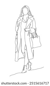 Woman in coat with shopping bag walking. Continuous one line drawing. Black and white vector illustration in line art style. 