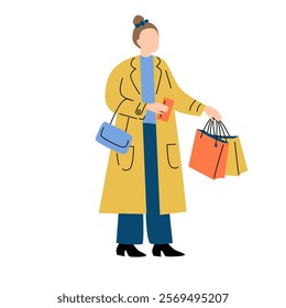 Woman in Coat with Shopping Bag and Wallet. Flat Vector Illustration.