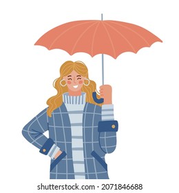 Woman in coat and swaeter under open umbrella, protecting her from autumn rain. Person in warm casual clothes holding parasol and smiling. Flat vector illustration isolated on white background