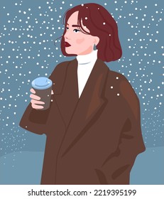 A woman in a coat and sweater walks in winter in the snowfall and drinks coffee. Cosy vector winter illustration. Suitable for New Year and Christmas cards. A woman in fashionable warm winter clothes