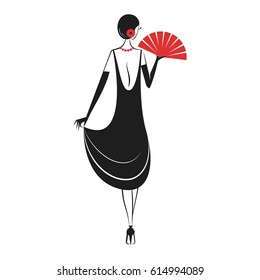 Woman in cocktail dress with a fan in vintage style 1920's. Retro fashion vector illustration isolated on white background. Back view.