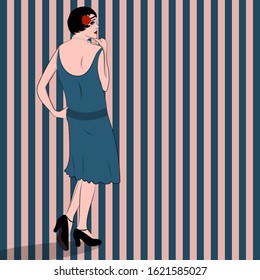 Woman in cocktail dress in vintage style 1920's. Retro fashion vector illustration. Back view. Art Deco Style Vector Illustration