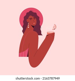 Woman with cocktail. Festive vector illustration of woman in swimsuit and summer hat with orange juice in flat style. Summer time. 