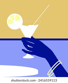 Woman with a cocktail in her hand against the backdrop of sunset. Relax on the white terrace by the sea. Minimalistic and flat color drawing. Vector illustration