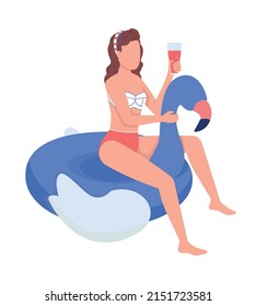 Woman with cocktail on inflatable flaming semi flat color vector character. Sitting figure. Full body person on white. Poolside simple cartoon style illustration for web graphic design and animation