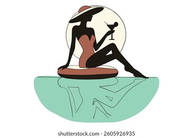 A woman with a cocktail in the pool, vacation concept. 
