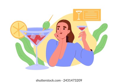 Woman with cocktail. Young girl with alcoholic drink in glass. Beverage and tasty liquid. Martini or margarita with ice. Cartoon flat vector illustration isolated on white background