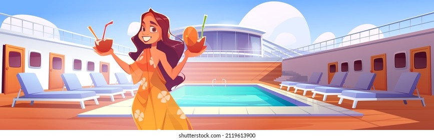 Woman with cocktails on cruise ship deck with swimming pool. Vector cartoon illustration of luxury passenger liner with pool, beach chairs and girl with coconuts with straws - Shutterstock ID 2119613900