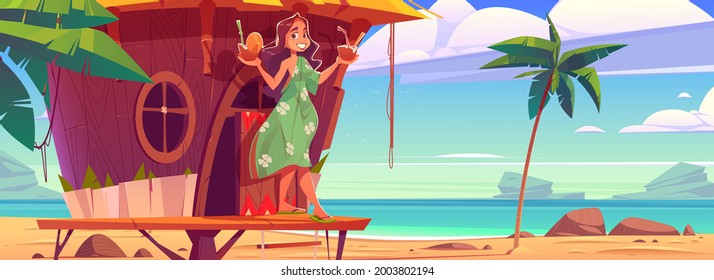Woman with cocktails in tiki hut on hawaii beach. Smiling girl wearing summer dress holding coconut drinks stand on wooden terrace at sandy ocean coastline with palm trees, Cartoon vector illustration