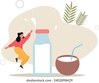 Woman with coconut milk. Delicious and healthy food, taking care of your health.flat vector illustration.