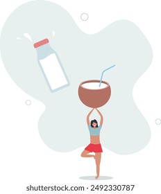 Woman with coconut milk. Delicious and healthy food, taking care of your health.flat design.illustration with people.