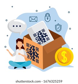 woman with code qr and icons vector illustration design