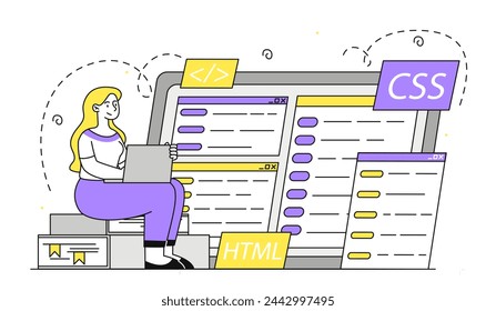 Woman with coding simple. Programmer and IT specialist with laptop. Programming and software development. Back end developer. Doodle flat vector illustration isolated on white background