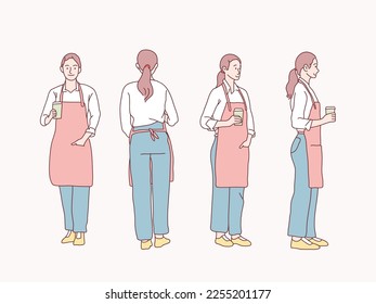 Woman coffee barista waitress 360 front side back rear views simple korean style illustration