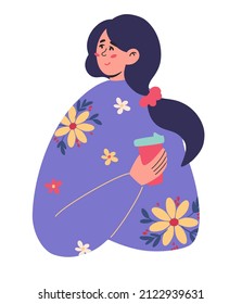 Woman with coffee. Beautiful, dreamy girl in a sweater with flowers. Cartoon character. Vector cartoon illustration. 