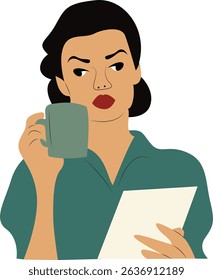 Woman Coffee Break Document Review, vintage illustration
