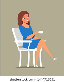 Woman at coffee break flat vector character. Businesswoman having lunch. Young secretary, office manager sitting in chair, drinking tea. Lady in cafe, restaurant isolated clipart. Smiling female boss