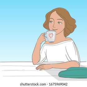 woman at coffee break in the morning, illustration