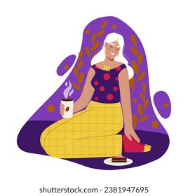 Woman with coffee cup concept. Young girl with mug of tea and slice of cake. Comfort and coziness indoor. Poster or banner. Cartoon flat vector illustration isolated on white background