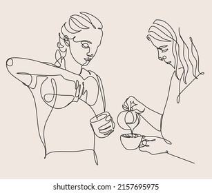 Woman with Coffee cup. Continuous drawing of the coffee cup line. Vector illustration