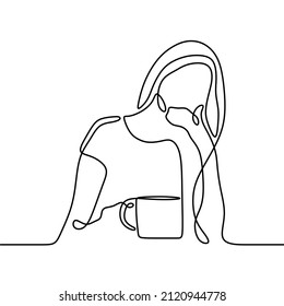 woman with coffee cup online continuous single line art