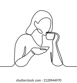 woman with coffee cup online continuous single line art