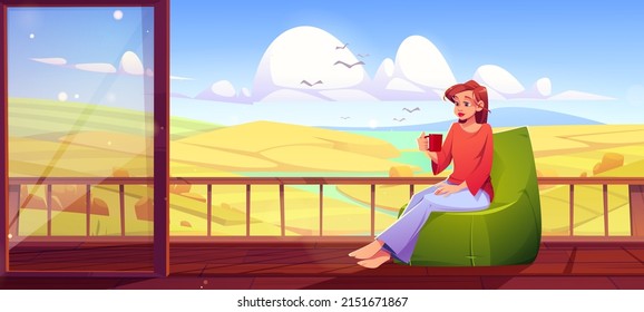 Woman with coffee cup relax at outdoor home terrace with beautiful nature landscape autumn field and river view. Female character resting at wooden patio or hotel balcony, Cartoon vector illustration