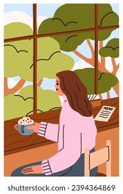 Woman with coffee cup, sitting at cafe table, looking through window on spring trees. Young female character relaxing alone in cozy coffeehouse, drinking cacao from mug. Flat vector illustration