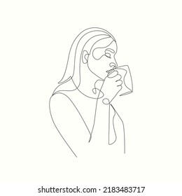 Woman with coffee cup and tea drinking elegant one line art style drawing