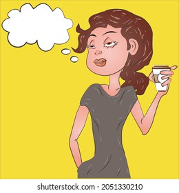 Woman with Coffee Cup with Thought Bubble.