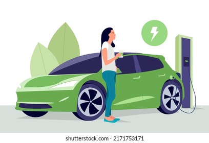 Woman With Coffee. Electric Car On Charging Station With Green City Street Skyline. Battery EV Vehicle Plugged And Getting Electricity From Renewable Power Generations. Vehicle Being Charged.