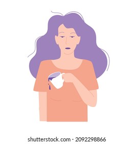 Woman with coffee flat vector illustration. Morning routine concept. Sleepy girl holding a cup of coffee, trendy cartoon art