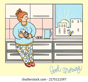 A woman with a coffee grinder in her kitchen early in the morning. Vector illustration