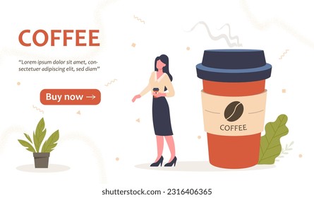 Woman with coffee landing page concept. Young girl near big coffee cup. Espresso, americano, latte and cappuccino. Advertising poster or banner for website. Cartoon flat vector illustration