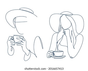 Woman with coffee line art. Absctract girl with cup minimal logo. Cafe logo