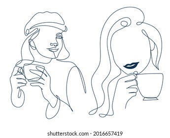 Woman with coffee line art. Absctract girl with cup minimal logo. Cafe logo