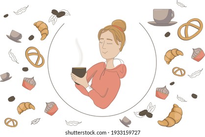 woman with coffee. modern flat vector concept illustration.  cute girl drinking coffee. pattern vector isolated. hand drawn illustration