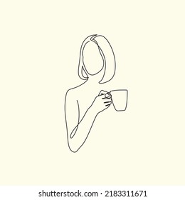 Woman with coffee mug cup line art. Abstract girl with cup minimal logo. Cafe logo. Continuous one line drawing. Woman relaxing with cup of tea. Vector illustration