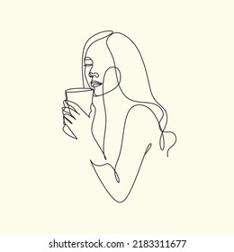 Woman with coffee mug cup line art. Abstract girl with cup minimal logo. Cafe logo. Continuous one line drawing. Woman relaxing with cup of tea. Vector illustration