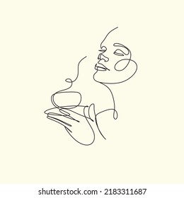 Mujer con arte de la línea de taza de café con taza de taza de café. Logo del café. Dibujo continuo de una línea. Mujer relajándose con una taza de té. Ilustración del vector