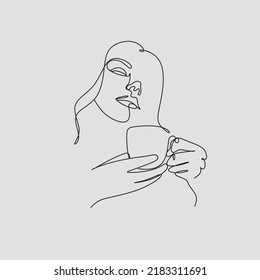 Woman with coffee mug cup line art. Abstract girl with cup minimal logo. Cafe logo. Continuous one line drawing. Woman relaxing with cup of tea. Vector illustration