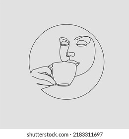 Woman with coffee mug cup line art. Abstract girl with cup minimal logo. Cafe logo. Continuous one line drawing. Woman relaxing with cup of tea. Vector illustration