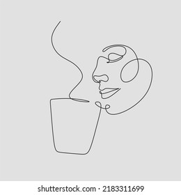 Woman with coffee mug cup line art. Abstract girl with cup minimal logo. Cafe logo. Continuous one line drawing. Woman relaxing with cup of tea. Vector illustration