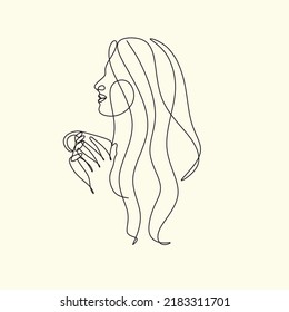 Woman with coffee mug cup line art. Abstract girl with cup minimal logo. Cafe logo. Continuous one line drawing. Woman relaxing with cup of tea. Vector illustration